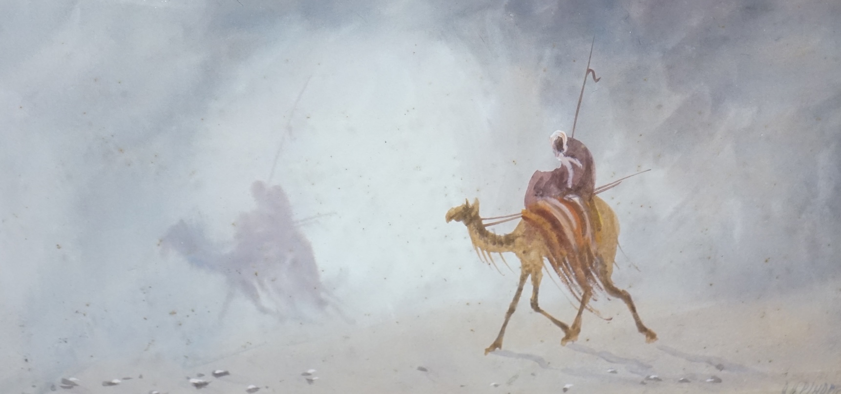 Douglas Houzen Pinder (1886-1949), watercolour, Camel riders in the desert, signed, 14 x 27cm. Condition - fair